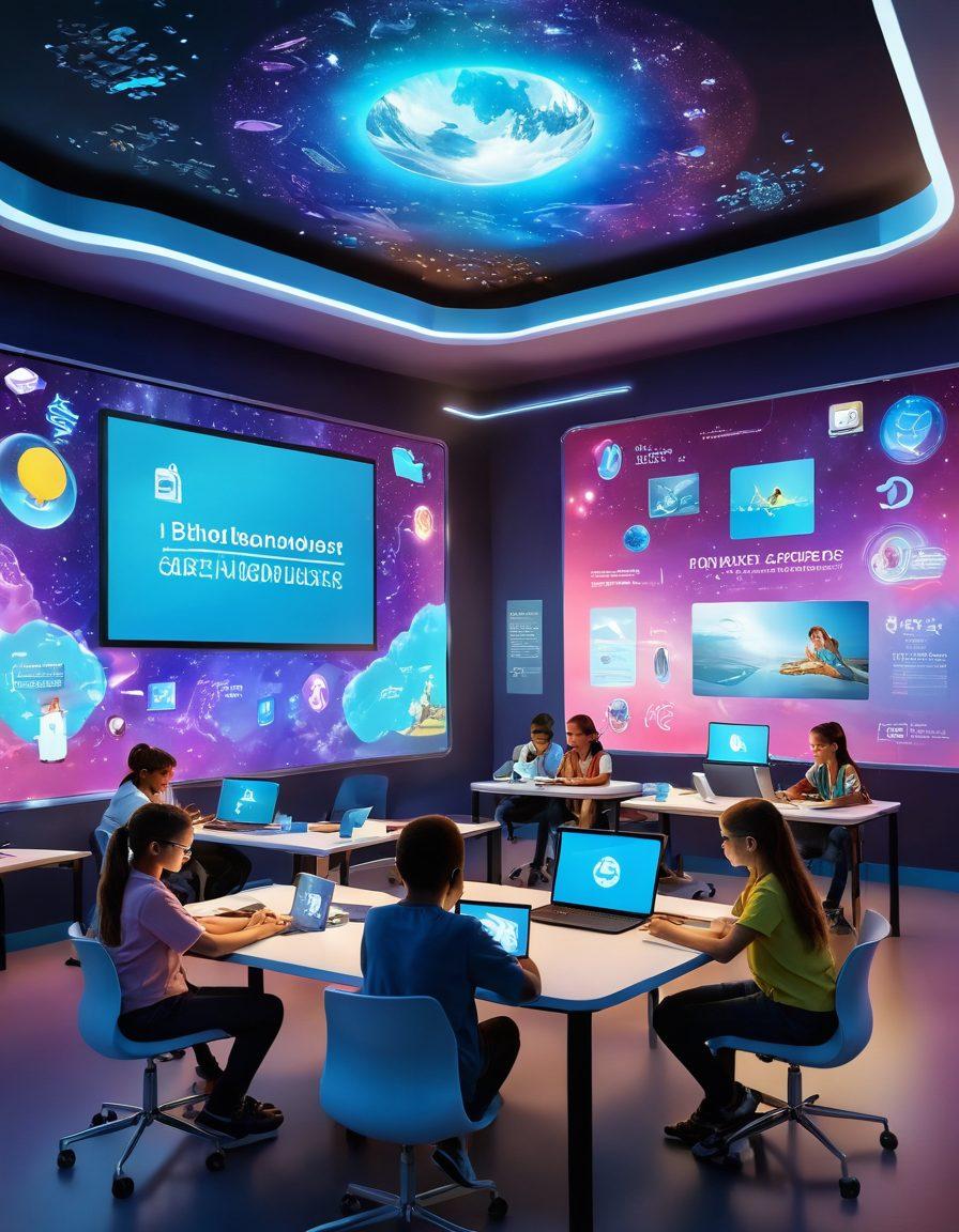 A futuristic classroom with diverse students engaged in immersive e-learning experiences on digital devices, surrounded by floating holograms of educational content. Bright, interactive elements showcasing technology's impact on learning, emphasizing collaboration and innovation. Include a backdrop of a digital landscape with vibrant colors and symbols of professional growth. super-realistic. vibrant colors. 3D.