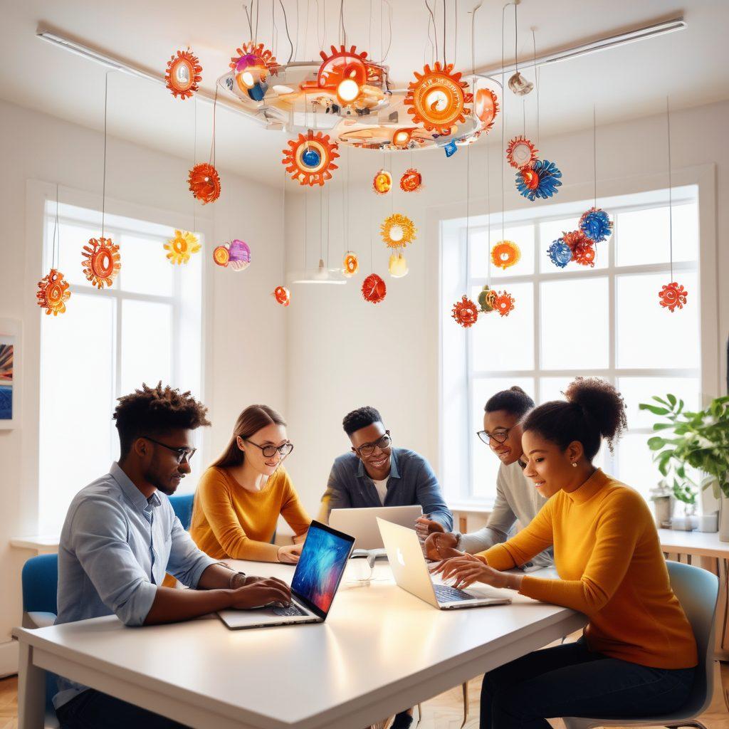 A visually engaging scene depicting a diverse group of individuals interacting with laptops and digital devices in a bright, inviting study space. Incorporate elements representing knowledge like floating books, lightbulbs, and gears in the background. Show a mix of cultures to symbolize inclusivity in online learning. The atmosphere should feel energizing and inspiring, suggesting growth and upskilling. super-realistic. vibrant colors. white background.
