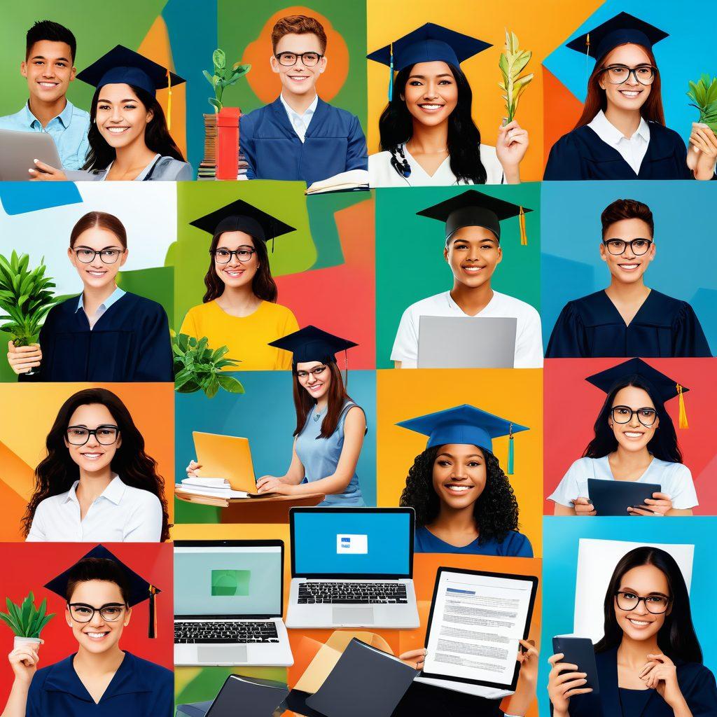 A vibrant collage depicting a diverse group of motivated individuals engaging in various e-learning activities, including studying online, participating in webinars, and earning certifications. Incorporate elements such as graduation caps, laptops displaying educational platforms, and colorful certificates. The background should evoke a sense of growth and achievement with flourishing plants and light rays. super-realistic. bright colors. dynamic composition.